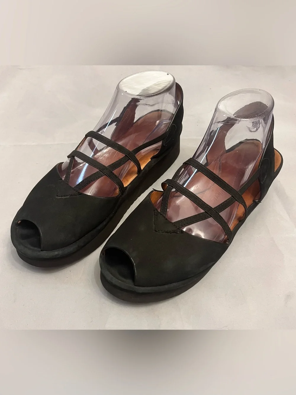L'Amour Des Pieds Adelais Black Peep-Toe Wedge Sandals with Double Straps